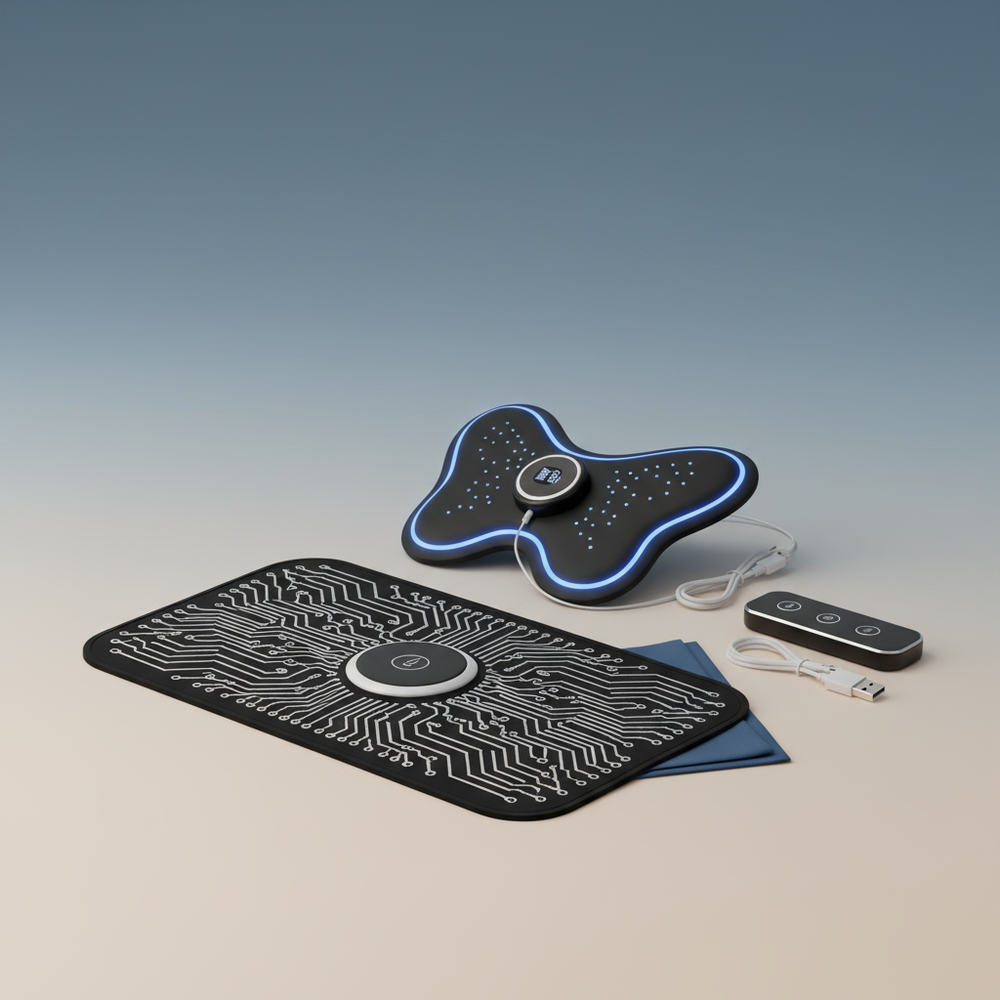 Electric foot massager, electric muscle massager, and intelligent remote control arranged neatly on a soft gradient backgroun