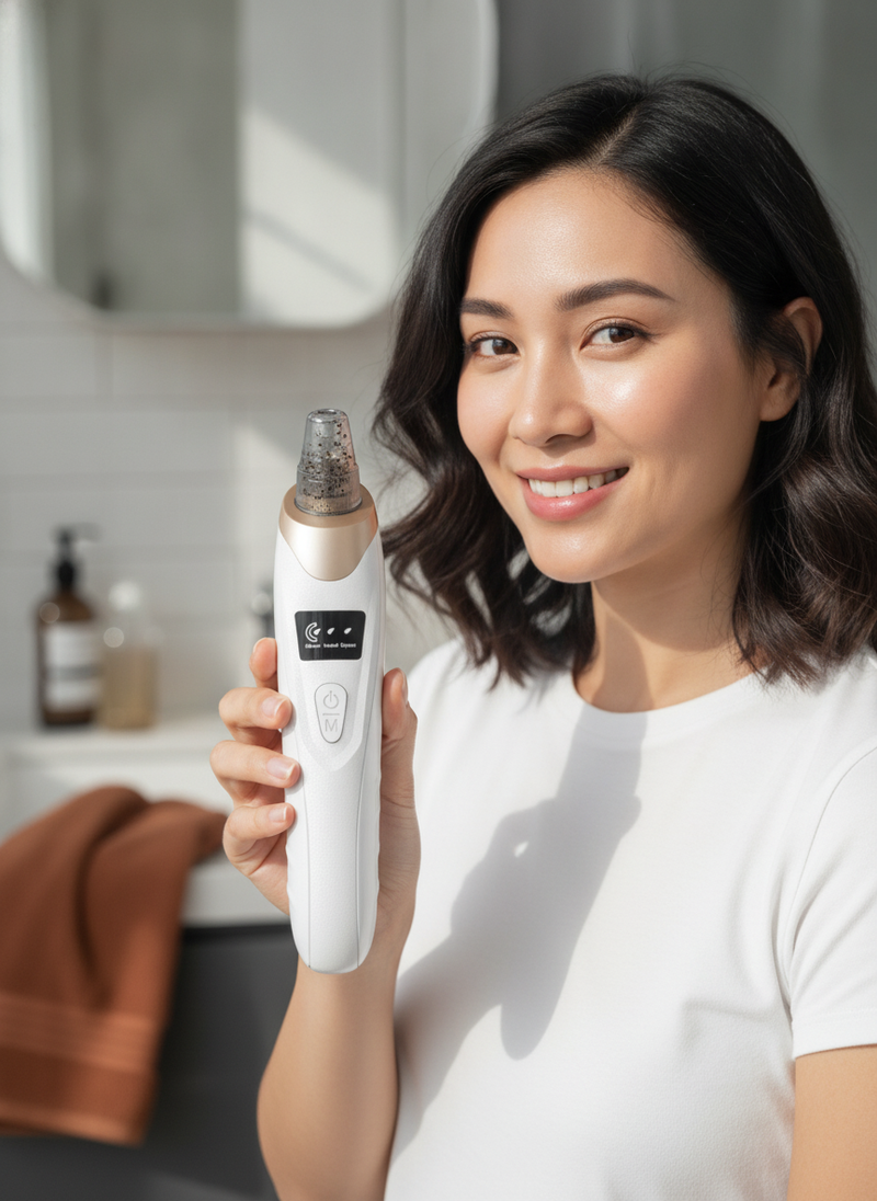 Customer holding a CMH Blackhead Remover Vacuum, showing collected debris in the suction head after use, in a bathroom settin
