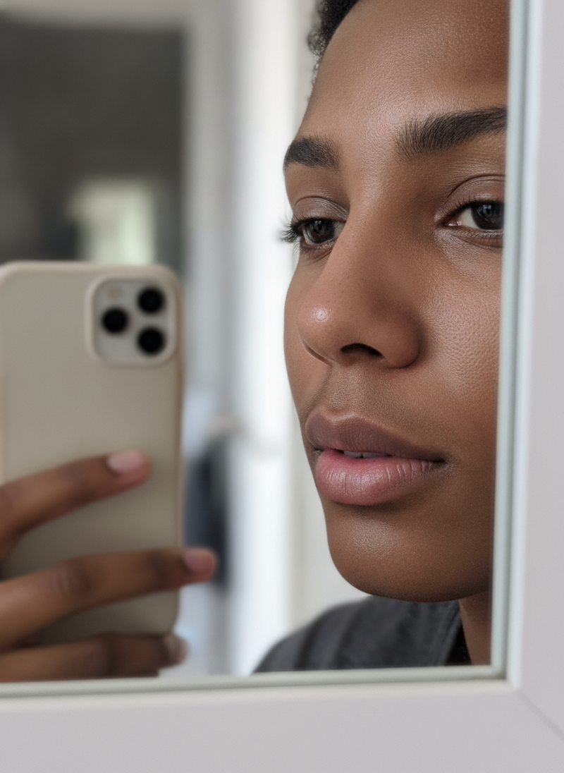 Close-up mirror selfie showing clear, smooth pores on a person's nose after using the CMH Blackhead Remover.