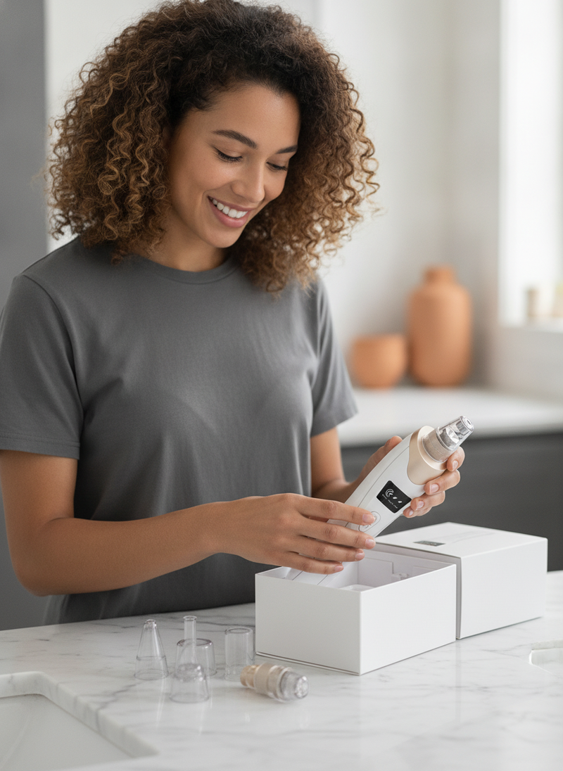A person unboxes a CMH Blackhead Remover Vacuum on a white marble bathroom vanity, displaying the device and its accessories.
